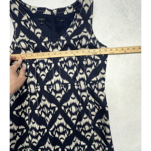 Talbots Womens Dress 14 P Blue Cream Ikat Print Lined Sleeveless Sheath Stretch - Picture 7 of 12